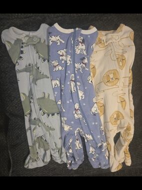 3-Piece Baby Footed Sleepers - Dinosaurs, Dalmatians, Lions - Blue, Gray, Cream